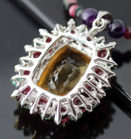 CITRINE, RUBY AND EMERALD PENDANT. RICH COLOURS! HEAVY STERLING SILVER AND TOURMALINE NECKLACE
