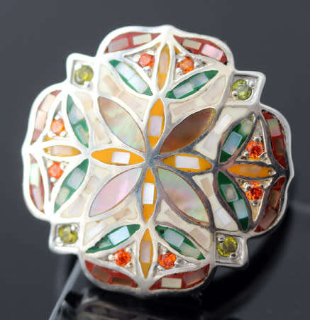 LARGE MOTHER OF PEARL FLORAL HANDCRAFTED MOSAIC DESIGN STERLING SILVER RING. 'JEWLLERY ART!'