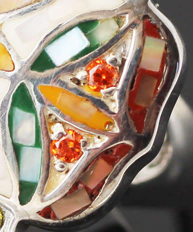 LARGE MOTHER OF PEARL FLORAL HANDCRAFTED MOSAIC DESIGN STERLING SILVER RING. 'JEWLLERY ART!'