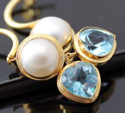 NATURAL PEARL & HEART CUT SWISS BLUE TOPAZ GOLD-HUED STERLING SILVER DANGLY EARRINGS. 925