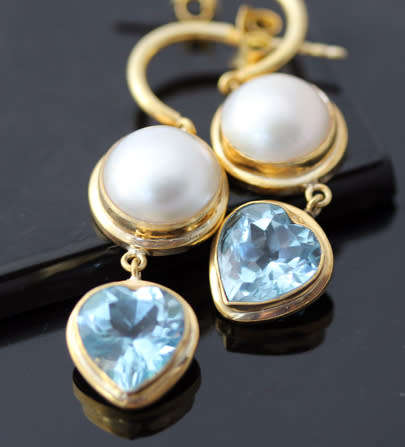 NATURAL PEARL & HEART CUT SWISS BLUE TOPAZ GOLD-HUED STERLING SILVER DANGLY EARRINGS. 925