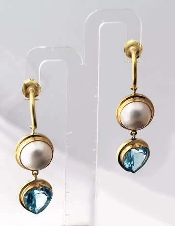 NATURAL PEARL & HEART CUT SWISS BLUE TOPAZ GOLD-HUED STERLING SILVER DANGLY EARRINGS. 925