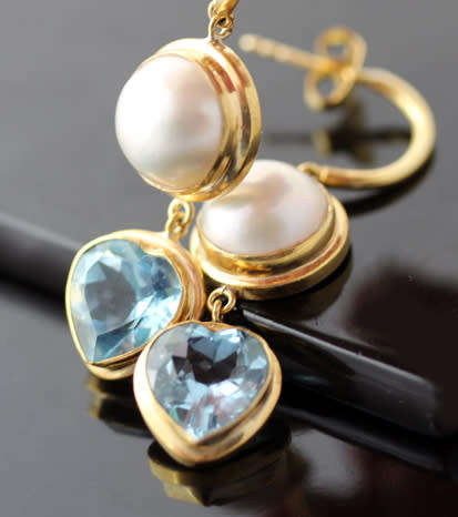 NATURAL PEARL & HEART CUT SWISS BLUE TOPAZ GOLD-HUED STERLING SILVER DANGLY EARRINGS. 925