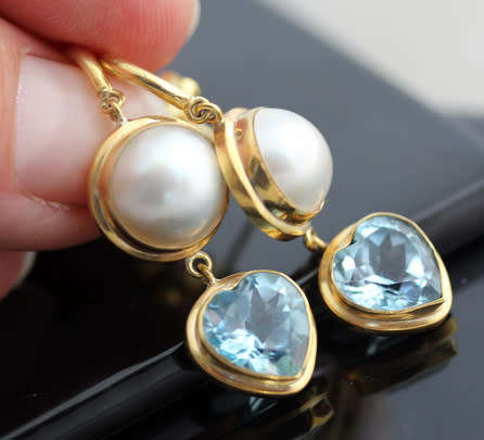 NATURAL PEARL & HEART CUT SWISS BLUE TOPAZ GOLD-HUED STERLING SILVER DANGLY EARRINGS. 925