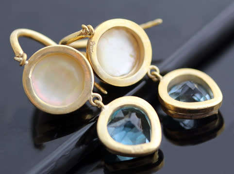 NATURAL PEARL & HEART CUT SWISS BLUE TOPAZ GOLD-HUED STERLING SILVER DANGLY EARRINGS. 925