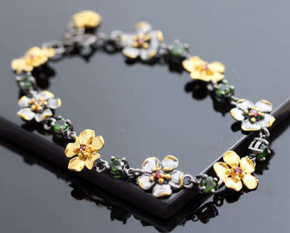 STERLING SILVER BRACELET WITH NATURAL CHROME DIOPSIDE & PINK TOURMALINE GEMSTONES