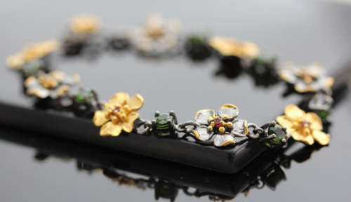 STERLING SILVER BRACELET WITH NATURAL CHROME DIOPSIDE & PINK TOURMALINE GEMSTONES