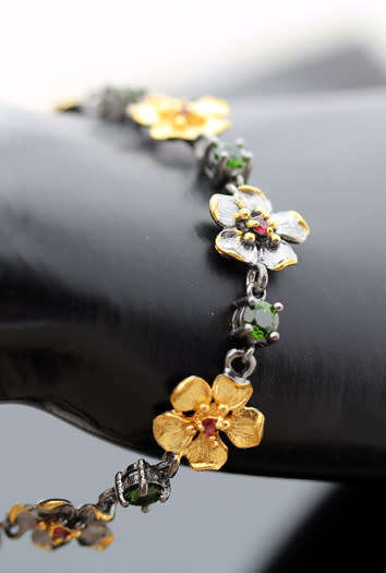 STERLING SILVER BRACELET WITH NATURAL CHROME DIOPSIDE & PINK TOURMALINE GEMSTONES