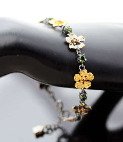 STERLING SILVER BRACELET WITH NATURAL CHROME DIOPSIDE & PINK TOURMALINE GEMSTONES
