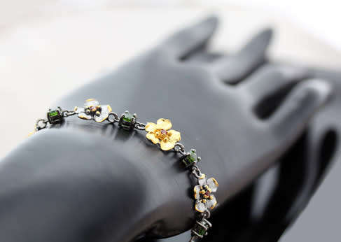 STERLING SILVER BRACELET WITH NATURAL CHROME DIOPSIDE & PINK TOURMALINE GEMSTONES