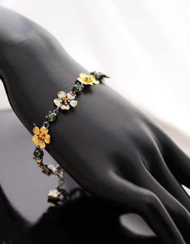 STERLING SILVER BRACELET WITH NATURAL CHROME DIOPSIDE & PINK TOURMALINE GEMSTONES