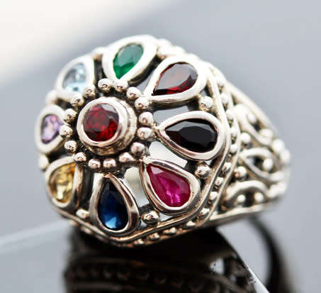 LARGE DOME-SHAPED THICK AND SOLID STERLING SILVER RING REAL CITRINE, GARNET, AMETHYST, TOPAZ