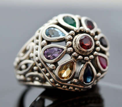 LARGE DOME-SHAPED THICK AND SOLID STERLING SILVER RING REAL CITRINE, GARNET, AMETHYST, TOPAZ
