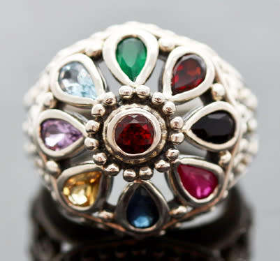 LARGE DOME-SHAPED THICK AND SOLID STERLING SILVER RING REAL CITRINE, GARNET, AMETHYST, TOPAZ