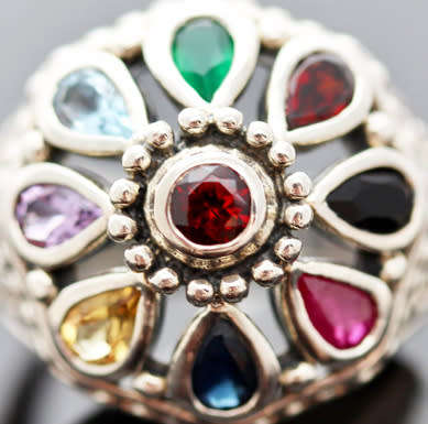LARGE DOME-SHAPED THICK AND SOLID STERLING SILVER RING REAL CITRINE, GARNET, AMETHYST, TOPAZ
