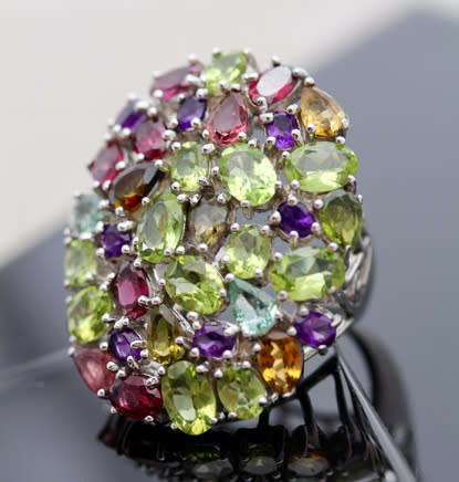 VERY LARGE OVAL MULTI-GEMSTONE (all real!) STERLING SILVER RING MAGNIFICENT DISPLAY OF COLOUR 15,97g