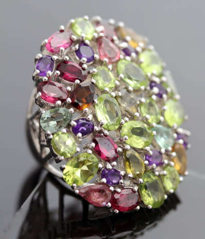 VERY LARGE OVAL MULTI-GEMSTONE (all real!) STERLING SILVER RING MAGNIFICENT DISPLAY OF COLOUR 15,97g