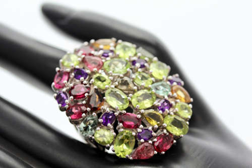 VERY LARGE OVAL MULTI-GEMSTONE (all real!) STERLING SILVER RING MAGNIFICENT DISPLAY OF COLOUR 15,97g