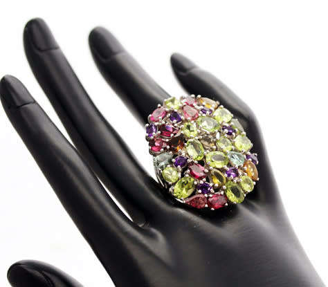 VERY LARGE OVAL MULTI-GEMSTONE (all real!) STERLING SILVER RING MAGNIFICENT DISPLAY OF COLOUR 15,97g