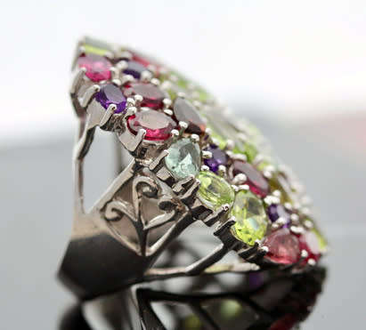 VERY LARGE OVAL MULTI-GEMSTONE (all real!) STERLING SILVER RING MAGNIFICENT DISPLAY OF COLOUR 15,97g