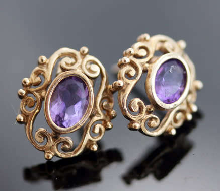 VINTAGE 9CT YELLOW GOLD FILIGREE STUD EARRINGS WITH OVAL FACETED AMETHYSTS. 375