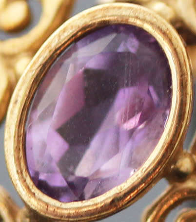 VINTAGE 9CT YELLOW GOLD FILIGREE STUD EARRINGS WITH OVAL FACETED AMETHYSTS. 375