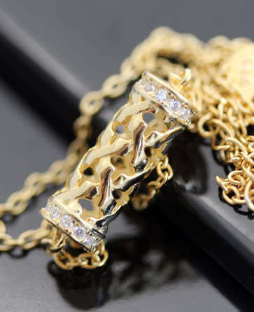 ELEGANT & FUNKY GOLD HUED STERLING SILVER CHAIN NECKLACE HORIZONTAL BEAD DETAIL AND CUBIC ZIRCONIA