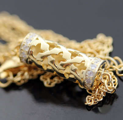 ELEGANT & FUNKY GOLD HUED STERLING SILVER CHAIN NECKLACE HORIZONTAL BEAD DETAIL AND CUBIC ZIRCONIA