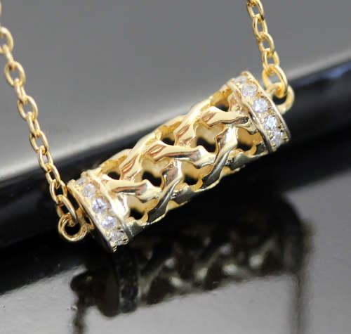 ELEGANT & FUNKY GOLD HUED STERLING SILVER CHAIN NECKLACE HORIZONTAL BEAD DETAIL AND CUBIC ZIRCONIA