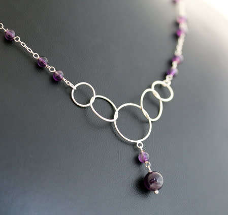 STERLING SILVER OPEN LINK CHAIN NECKLACE WITH AMETHYST AND LARGE ROUND LINKS IN FRONT