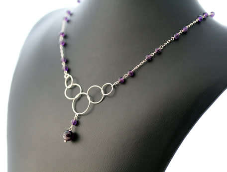 STERLING SILVER OPEN LINK CHAIN NECKLACE WITH AMETHYST AND LARGE ROUND LINKS IN FRONT