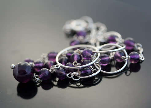 STERLING SILVER OPEN LINK CHAIN NECKLACE WITH AMETHYST AND LARGE ROUND LINKS IN FRONT