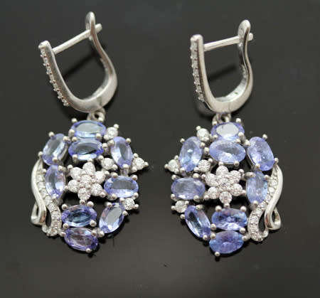REAL TANZANITE GEMSTONE STERLING SILVER DROP & DANGLE EARRINGS WITH CUBIC ZIRCONIA ACCENTS. 925