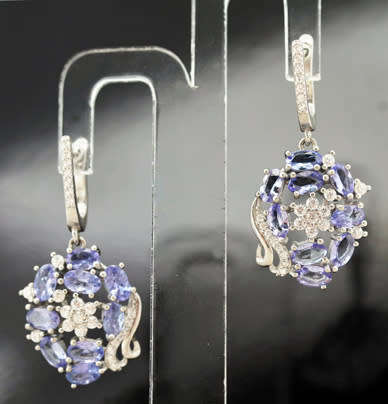 REAL TANZANITE GEMSTONE STERLING SILVER DROP & DANGLE EARRINGS WITH CUBIC ZIRCONIA ACCENTS. 925
