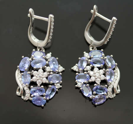 REAL TANZANITE GEMSTONE STERLING SILVER DROP & DANGLE EARRINGS WITH CUBIC ZIRCONIA ACCENTS. 925