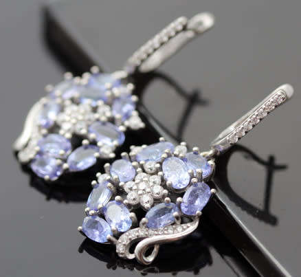 REAL TANZANITE GEMSTONE STERLING SILVER DROP & DANGLE EARRINGS WITH CUBIC ZIRCONIA ACCENTS. 925