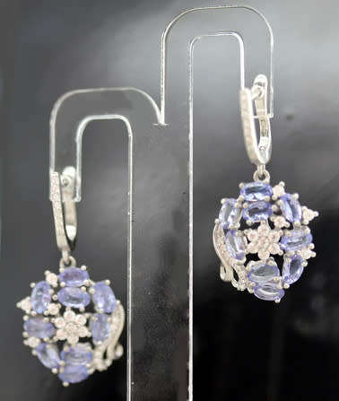 REAL TANZANITE GEMSTONE STERLING SILVER DROP & DANGLE EARRINGS WITH CUBIC ZIRCONIA ACCENTS. 925
