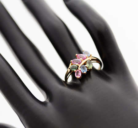 14K YELLOW GOLD NATURAL SAPPHIRE LEAF FROND RING. 375. AFRICA-MINED SAPPHIRES.