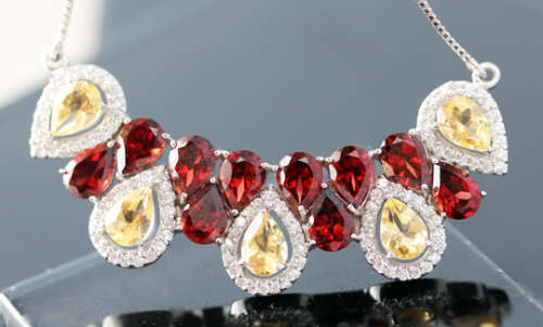 EYE-CATCHING CITRINE, GARNET LARGE HEAVY STERLING SILVER NECKLACE - SOLID 'PENDANT' on 'PSNAKE CHAIN