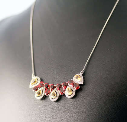 EYE-CATCHING CITRINE, GARNET LARGE HEAVY STERLING SILVER NECKLACE - SOLID 'PENDANT' on 'PSNAKE CHAIN