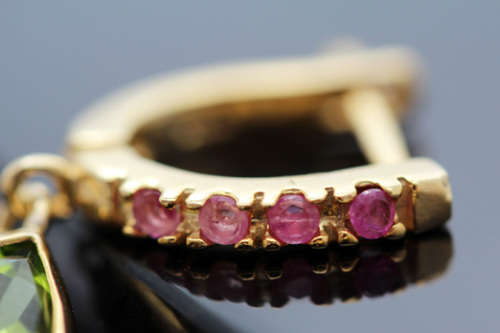 GLAMOROUS RUBY, PERIDOT AND BAROQUE PEARL GOLD-HUED STERLING SILVER DROP & DANGLE EARRINGS. 925