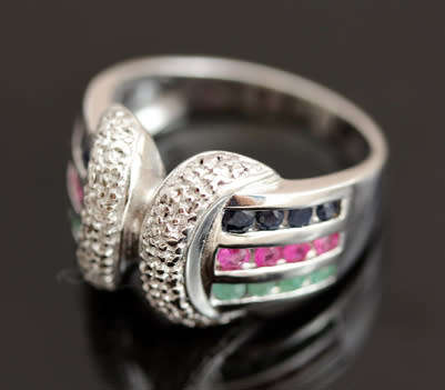 SOLID HEAVY STERLING SILVER RUBY, EMERALD AND SAPPHIRE RING WITH SMALL DIAMOND ACCENT. 925
