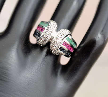 SOLID HEAVY STERLING SILVER RUBY, EMERALD AND SAPPHIRE RING WITH SMALL DIAMOND ACCENT. 925