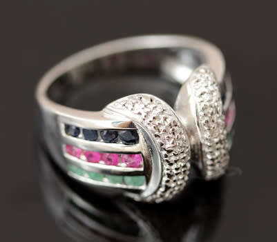 SOLID HEAVY STERLING SILVER RUBY, EMERALD AND SAPPHIRE RING WITH SMALL DIAMOND ACCENT. 925