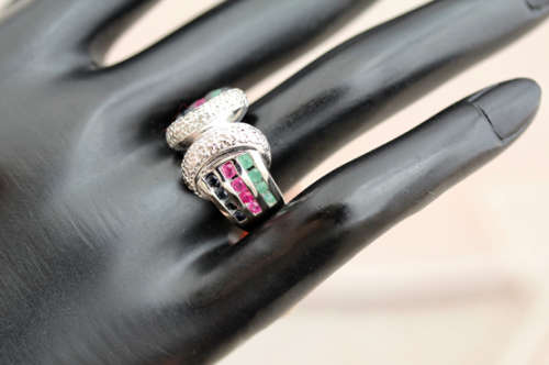 SOLID HEAVY STERLING SILVER RUBY, EMERALD AND SAPPHIRE RING WITH SMALL DIAMOND ACCENT. 925