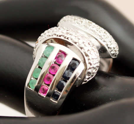 SOLID HEAVY STERLING SILVER RUBY, EMERALD AND SAPPHIRE RING WITH SMALL DIAMOND ACCENT. 925