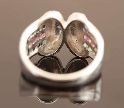 SOLID HEAVY STERLING SILVER RUBY, EMERALD AND SAPPHIRE RING WITH SMALL DIAMOND ACCENT. 925
