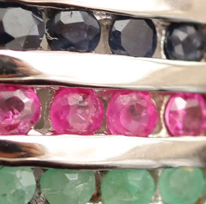 SOLID HEAVY STERLING SILVER RUBY, EMERALD AND SAPPHIRE RING WITH SMALL DIAMOND ACCENT. 925