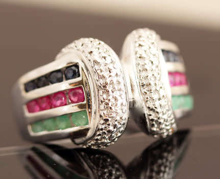 SOLID HEAVY STERLING SILVER RUBY, EMERALD AND SAPPHIRE RING WITH SMALL DIAMOND ACCENT. 925