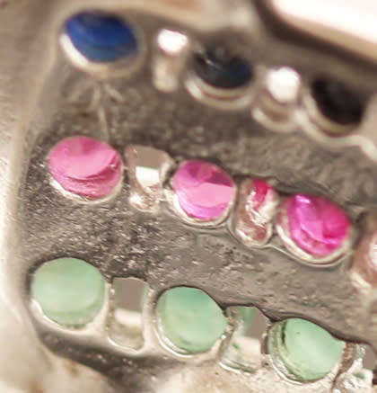 SOLID HEAVY STERLING SILVER RUBY, EMERALD AND SAPPHIRE RING WITH SMALL DIAMOND ACCENT. 925